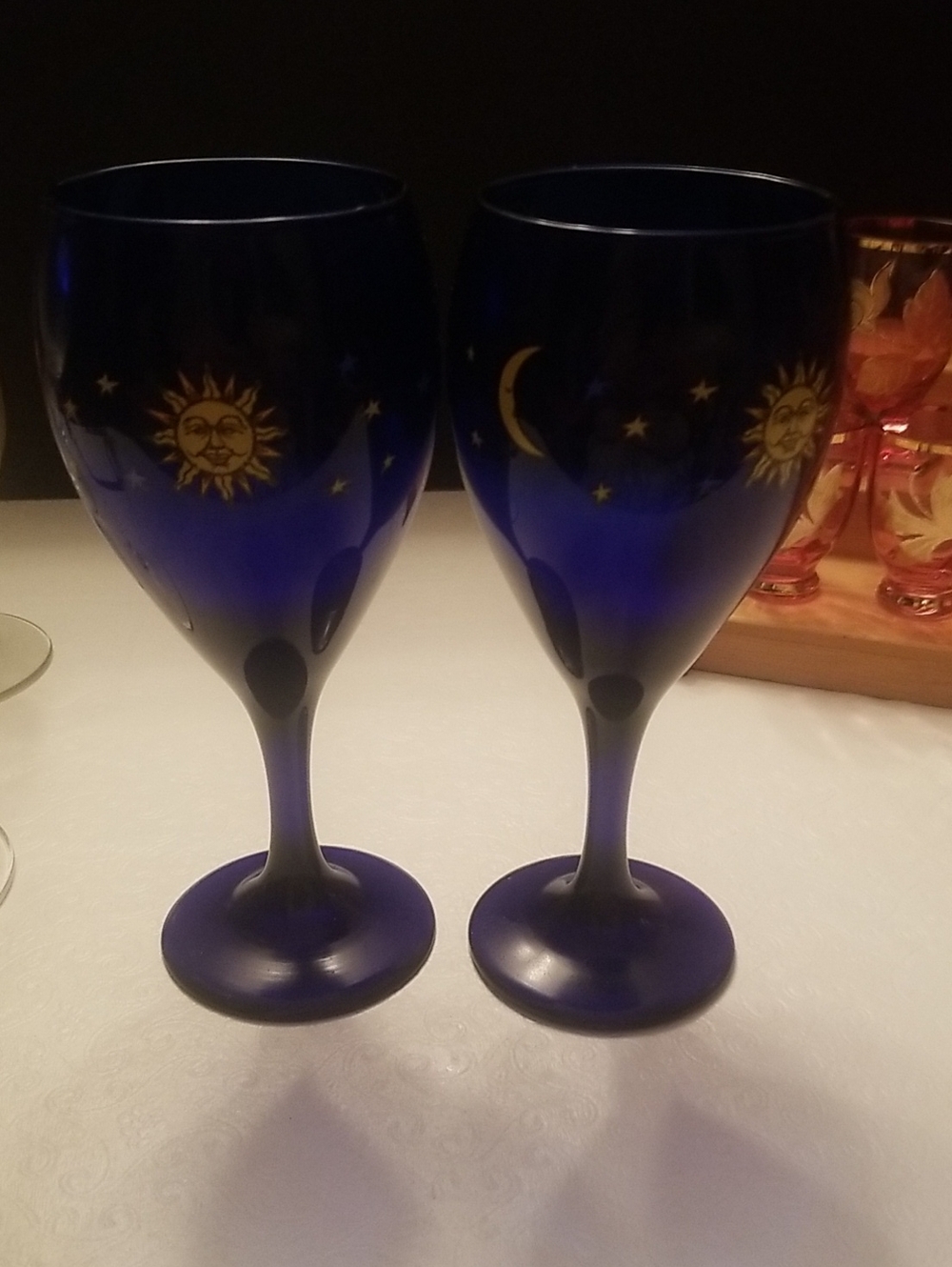 Libbey Cobalt Blue Celestial Sun & Moon Goblet Pair Vintage